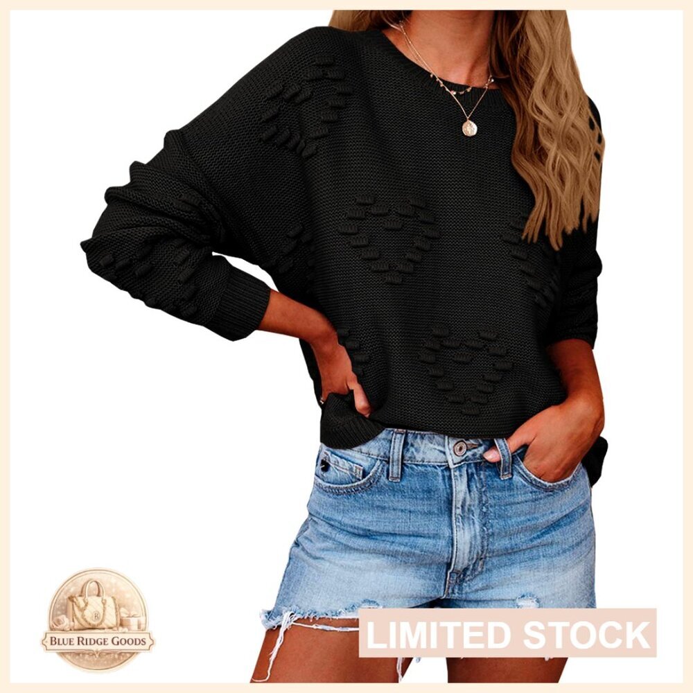 Cute Heart Love Print Oversized Crew Neck Loose Knit Pullover Sweater